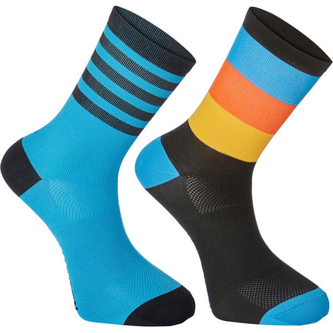 Sportive mid sock twin pack, block stripe black / cyan blue large 43-45
