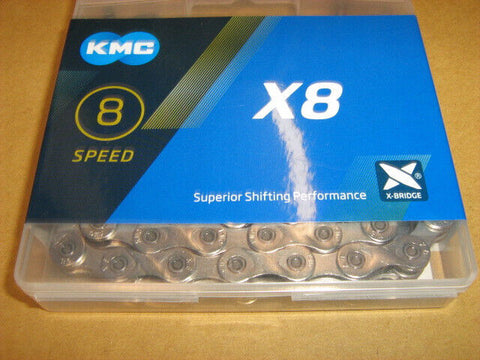 KMC X8 Silver Bicycle Chain 1/2"x3/32" 114 Link For MTB Geared 6, 7, and 8 Speed