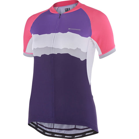 Keirin women's short sleeve jersey, pink glo / purple velvet torn stripes size 1