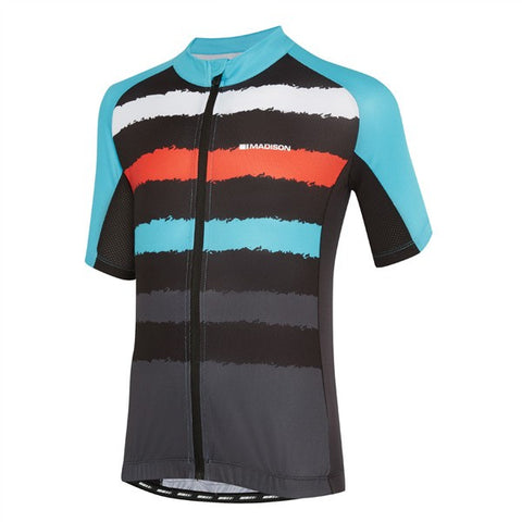 Sportive youth short sleeve jersey, torn stripes blue curaco / chilli red age 11